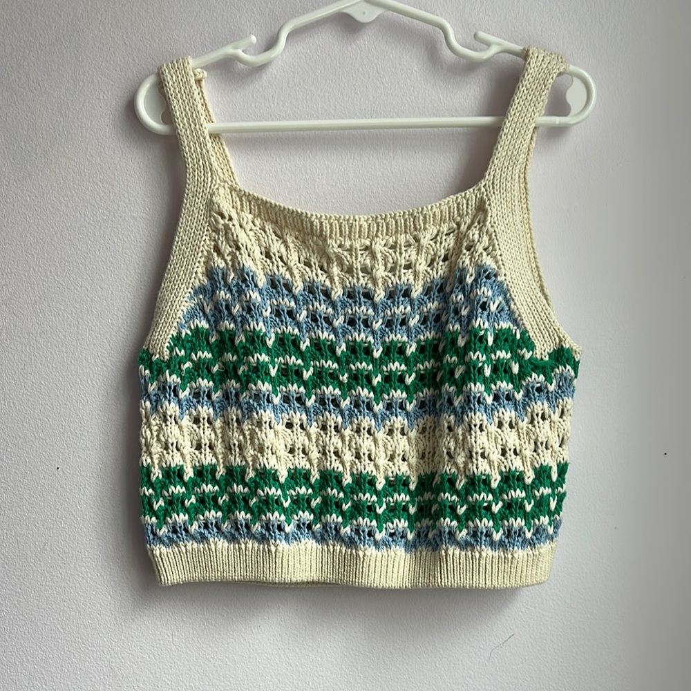 Girl’s Cream, Green, and Blue Knit Top